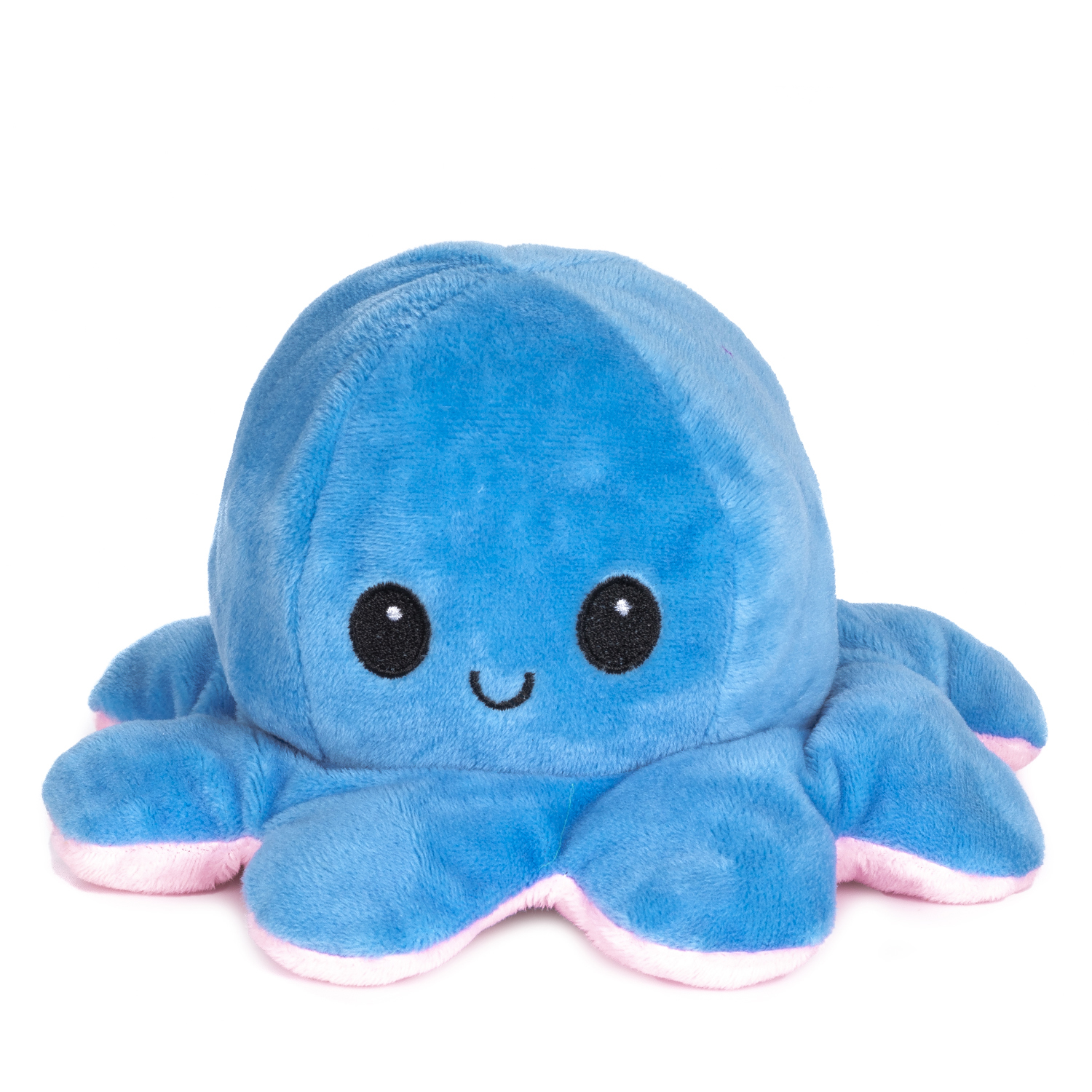 Un peluche de pulpo azul con interior rosa y ojos negros.