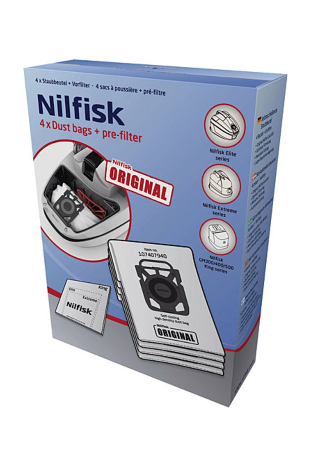 Nilfisk toz torbası ambalajı, torba ve ön filtre gösterimi.