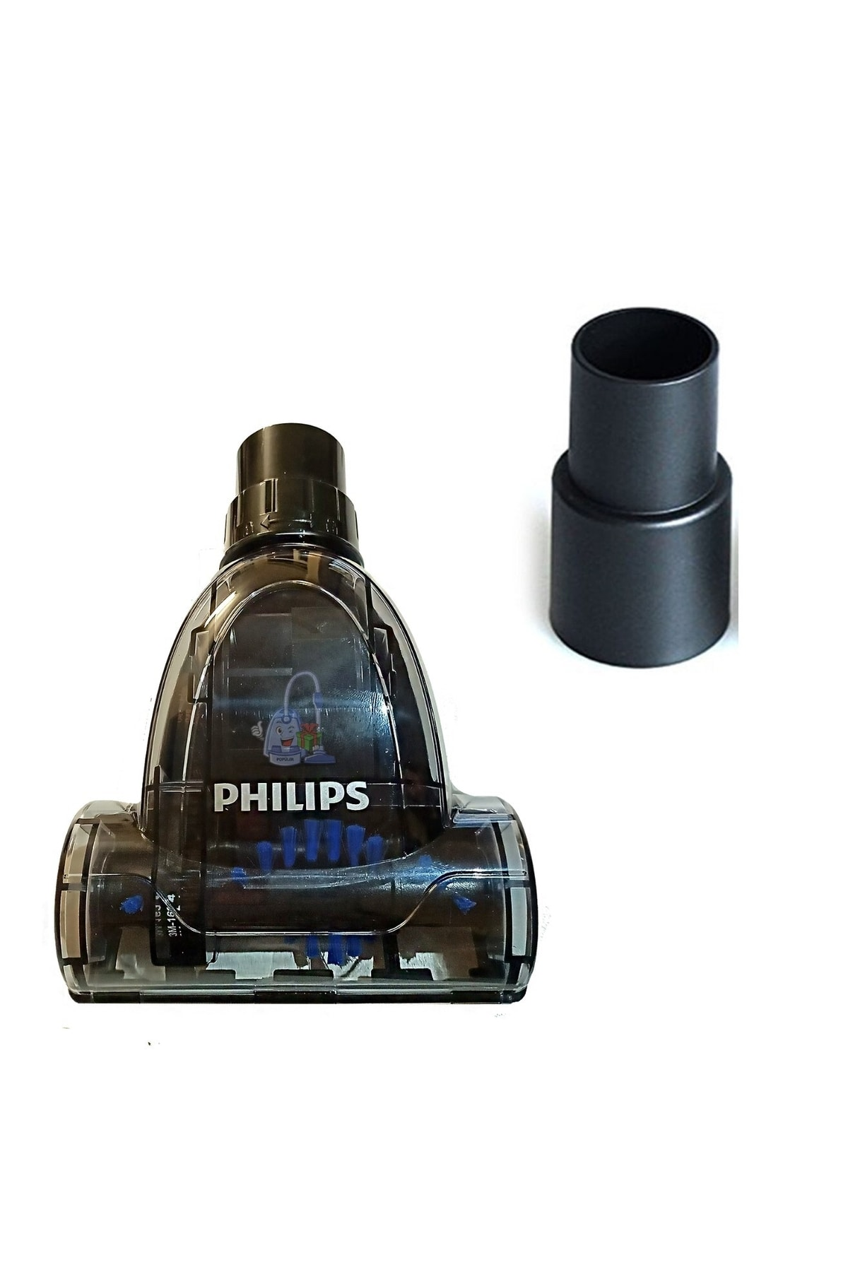 Mavi fırçalı şeffaf Philips elektrikli süpürge başlığı ve siyah adaptör.