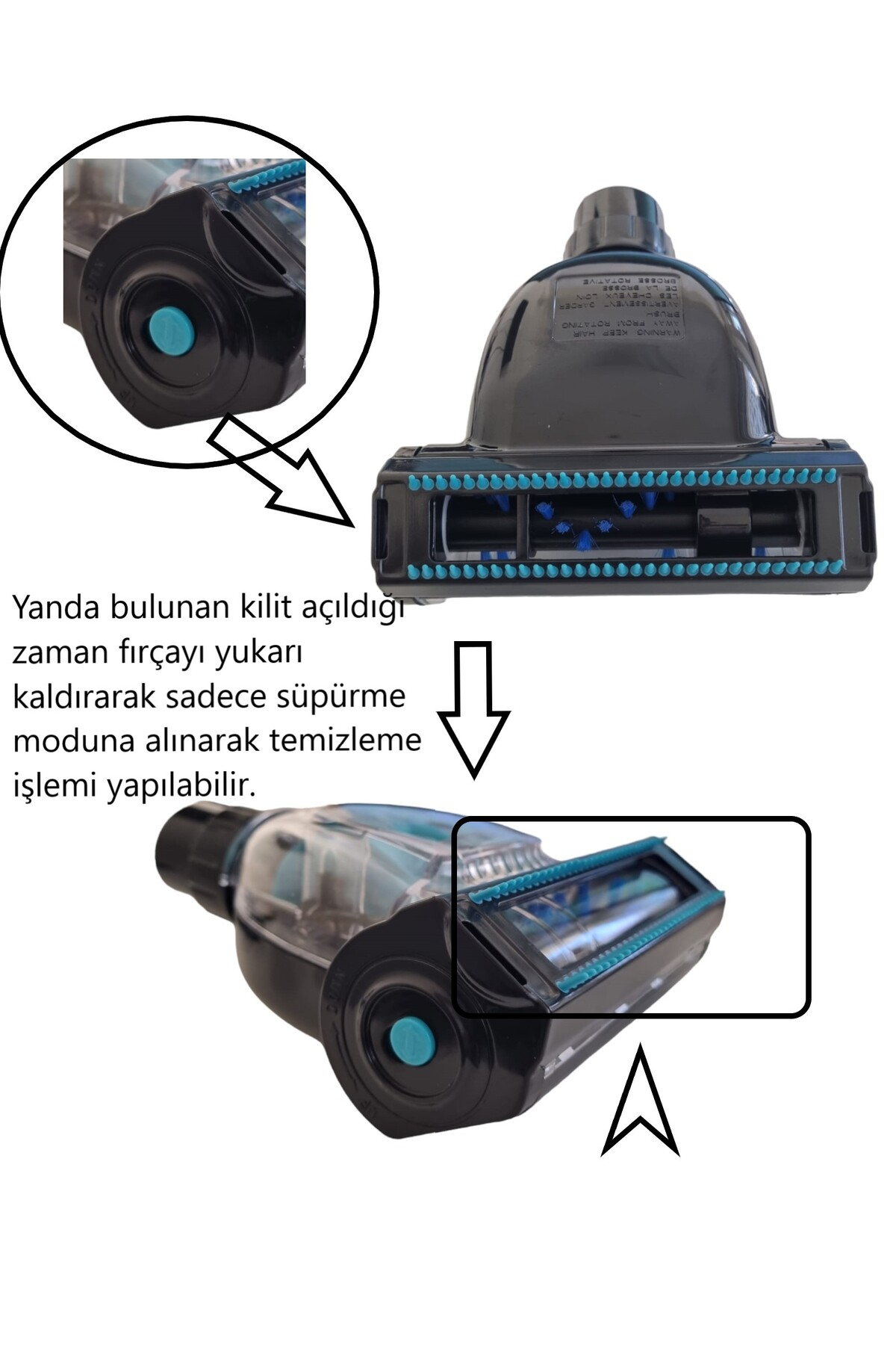 Mavi düğmeli ve kıllı elektrikli süpürge fırça başlığı.