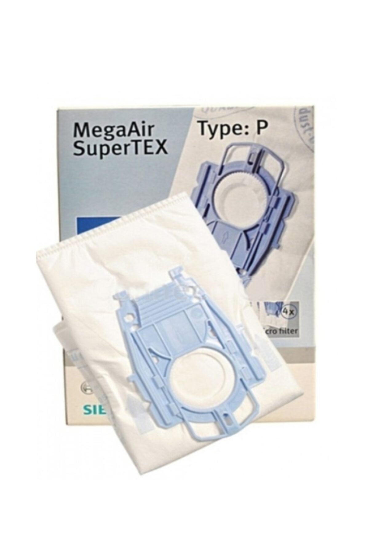 Mavi tutuculu ve "MegaAir SuperTEX" yazılı beyaz elektrikli süpürge torbaları.