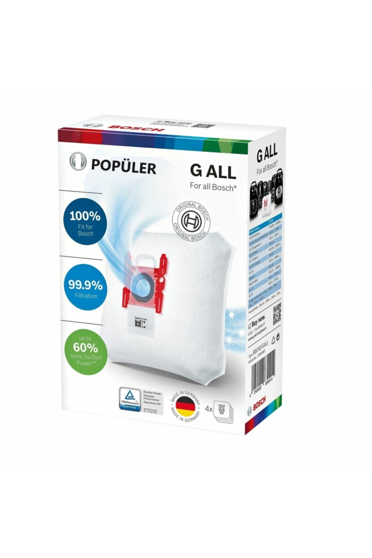 Bosch G ALL elektrikli süpürge torbası kutusu, %100 uyum ve %99,9 filtreleme.