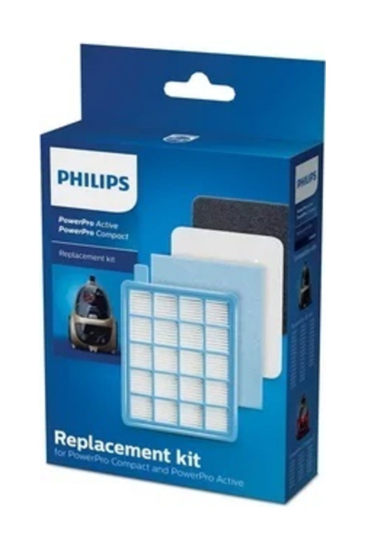 Philips elektrikli süpürge yedek filtre kiti, filtreler ve süpürge resmi içerir.
