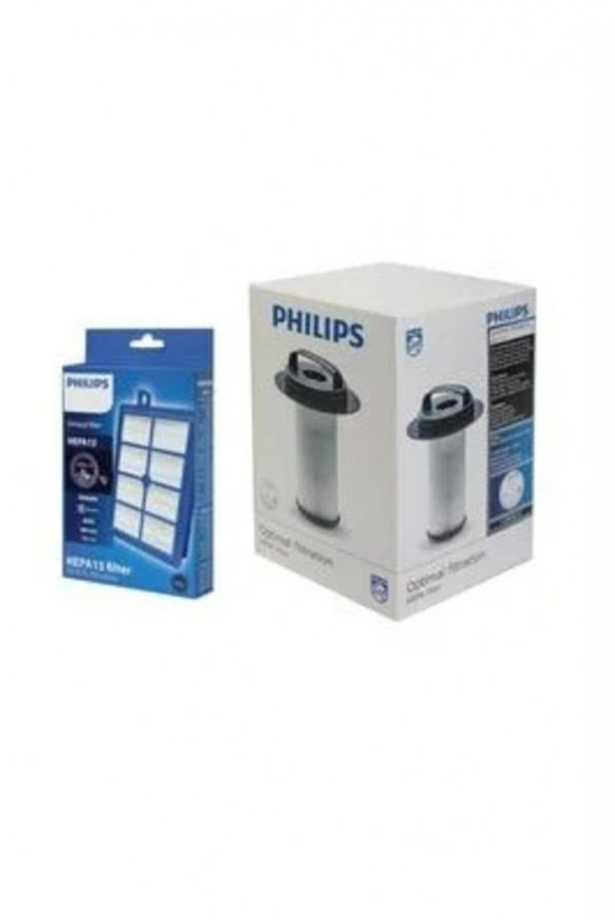 İki Philips paketi: bir HEPA filtre ve bir elektrikli süpürge filtresi.