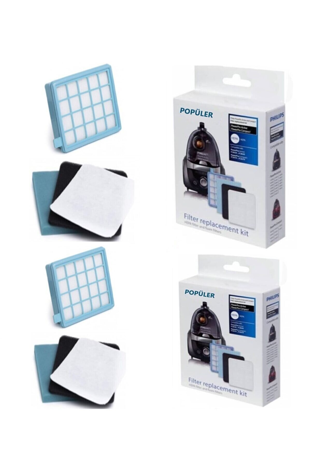 POPULER Philips PowerPro Active Uyumlu  Hepa Filtre Seti 2 Kutu