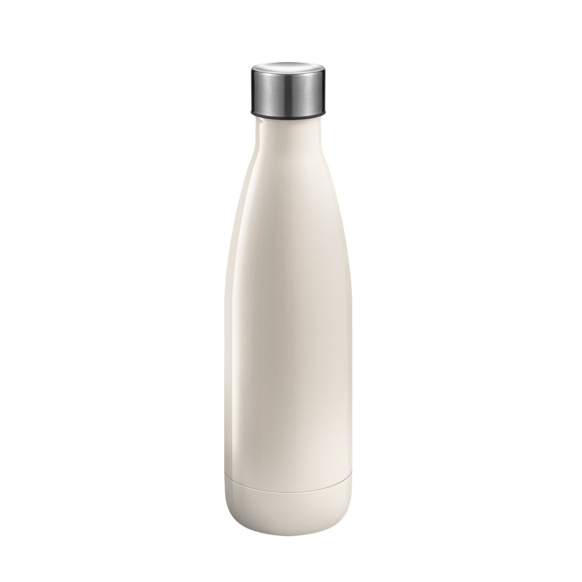 Eine weiße Trinkflasche mit silbernem Verschluss steht auf weißem Grund.