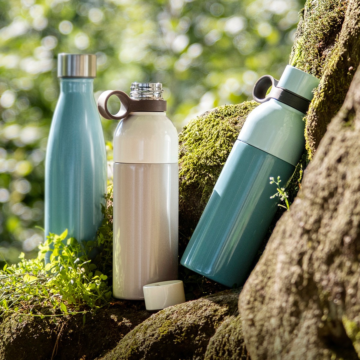 Drei Thermosflaschen in Blau-, Beige- und Türkistönen stehen im Wald auf moosbewachsenen Steinen.