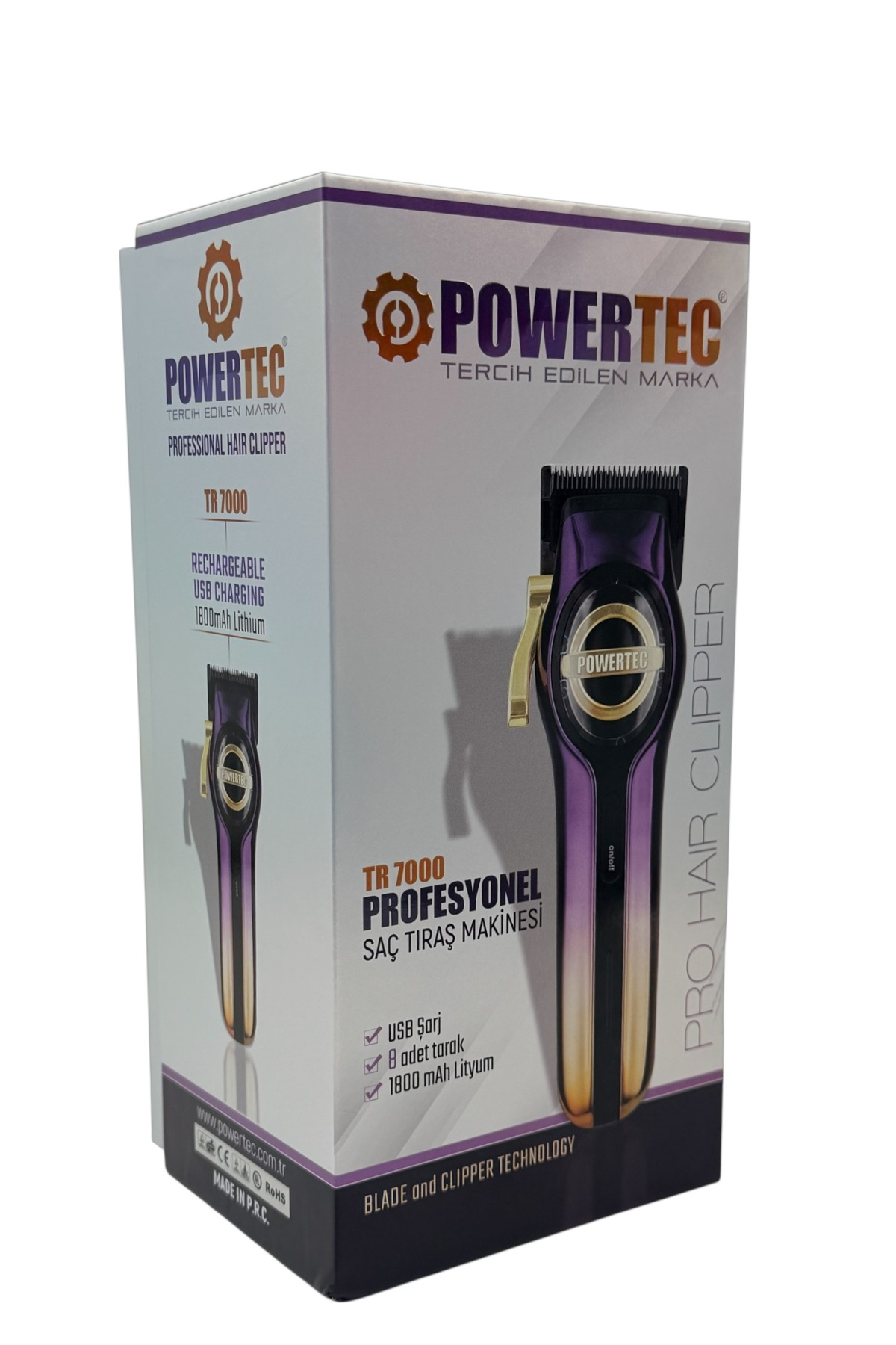 POWERTEC logolu mor ve altın rengi saç kesme makinesi ambalajı.
