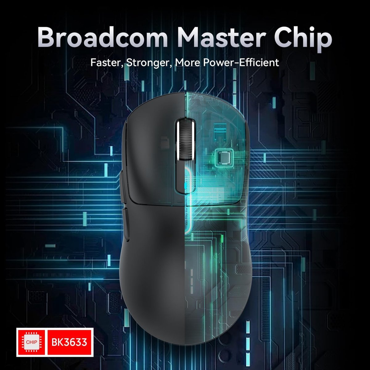 Black mouse with glowing circuitry, Broadcom Master Chip.