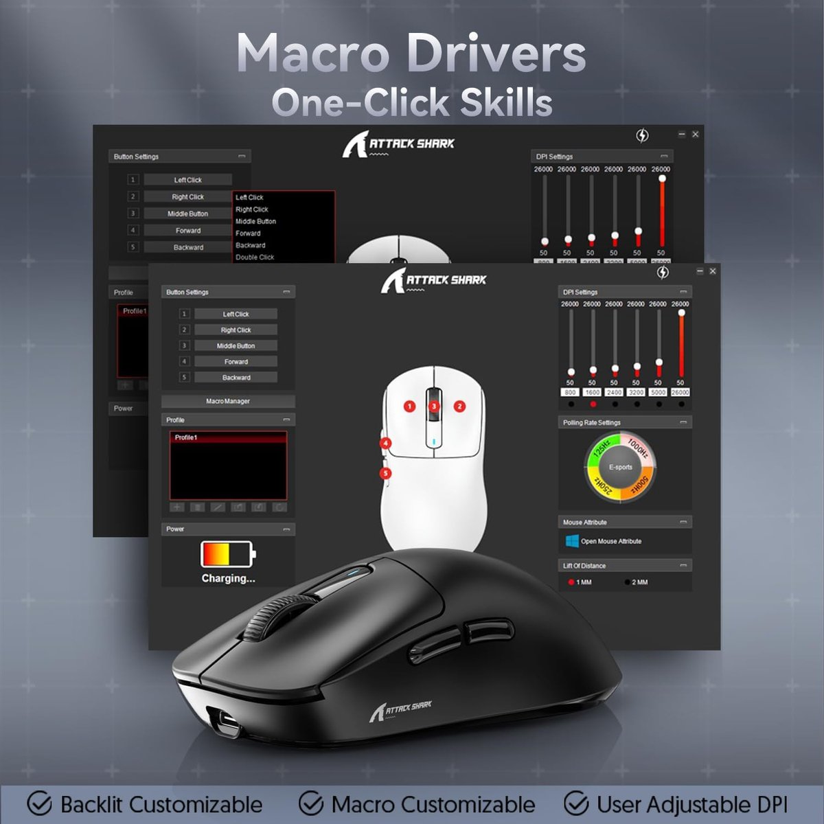 A black and white gaming mouse prototype with software interfaces.