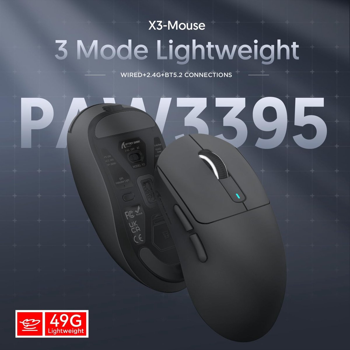Black wireless mouse with illuminated scroll wheel and underside.