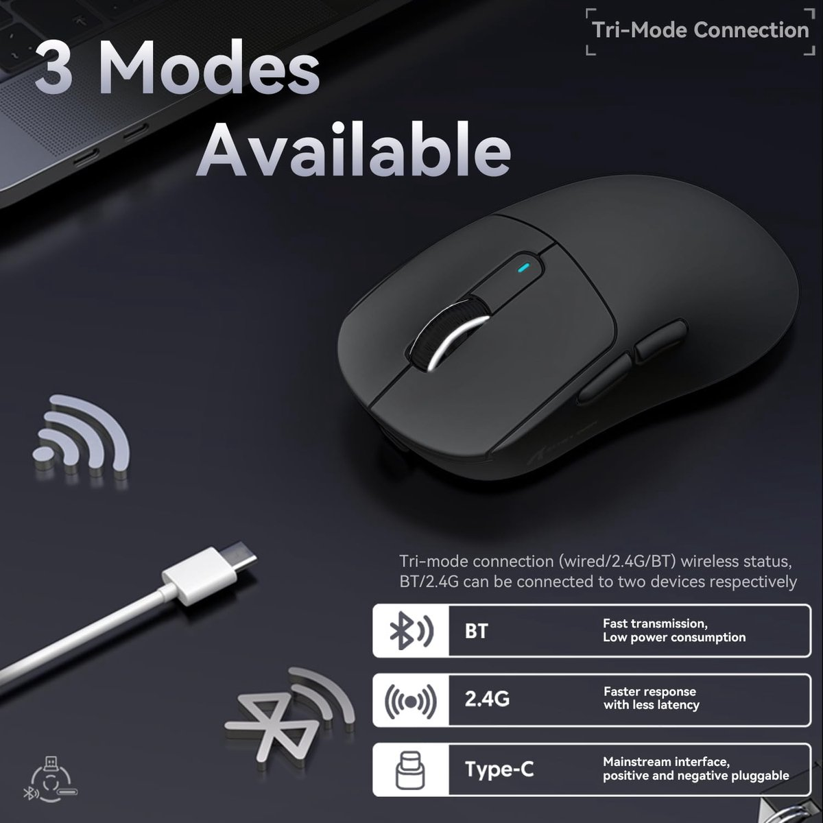 Black wireless mouse with 3 connection modes: BT, 2.4G, Type-C.