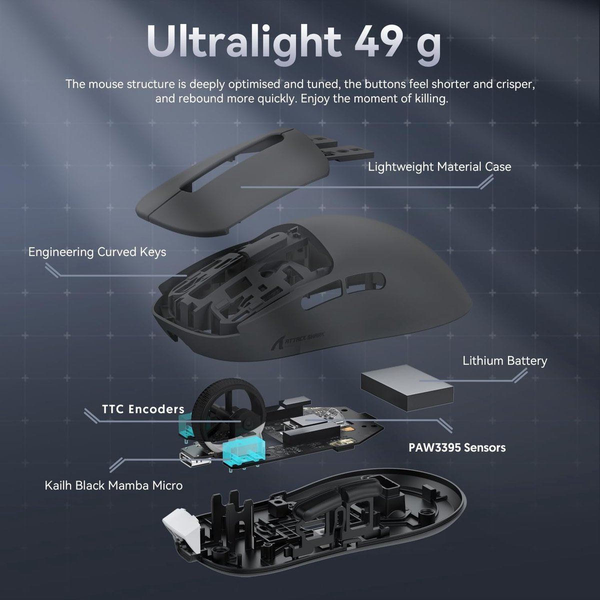 Exploded view of a mouse with components: case, battery, sensors.
