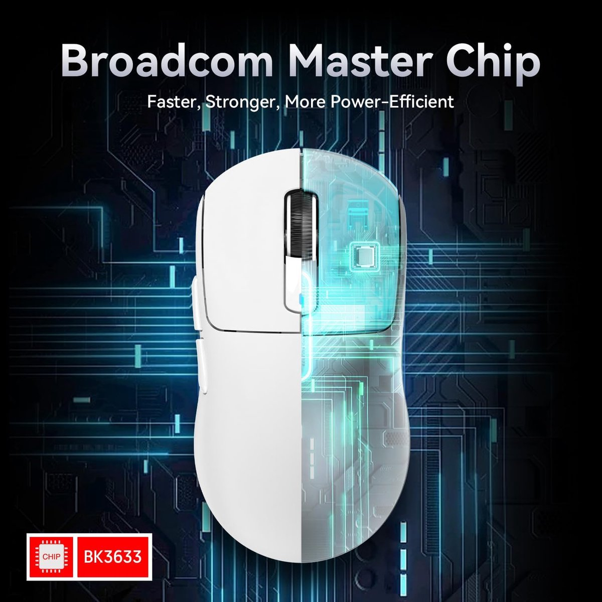 White computer mouse with glowing circuits and chip logo.