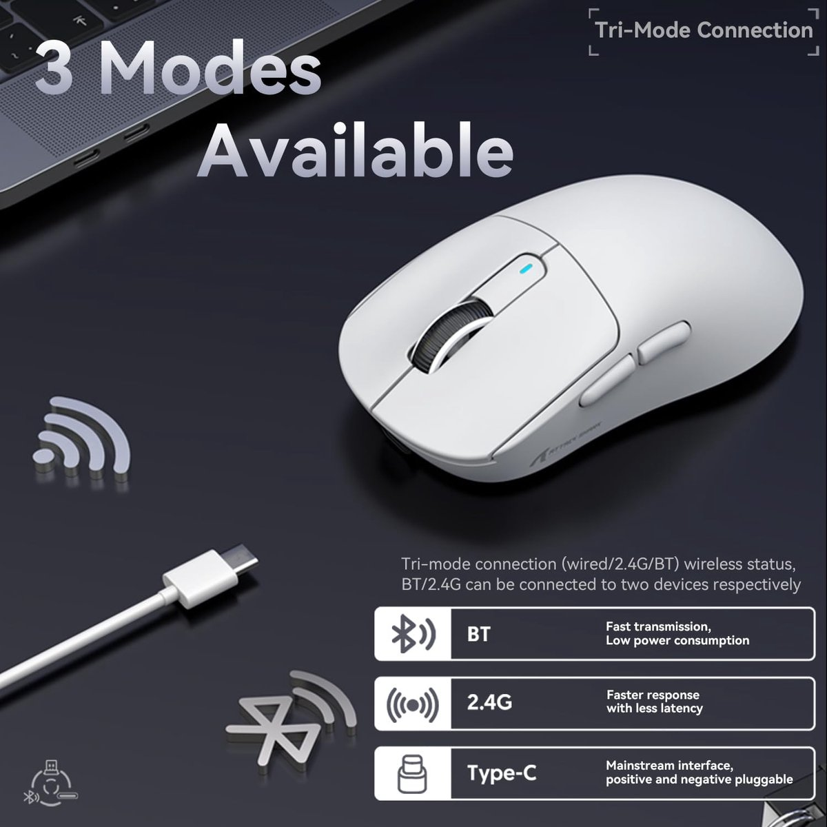 White mouse with three connection modes: BT, 2.4G, and Type-C.