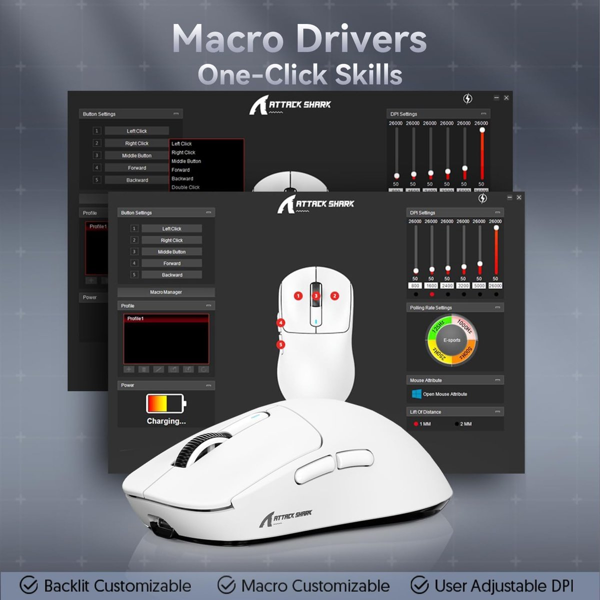 White gaming mice and driver software with customizable settings.