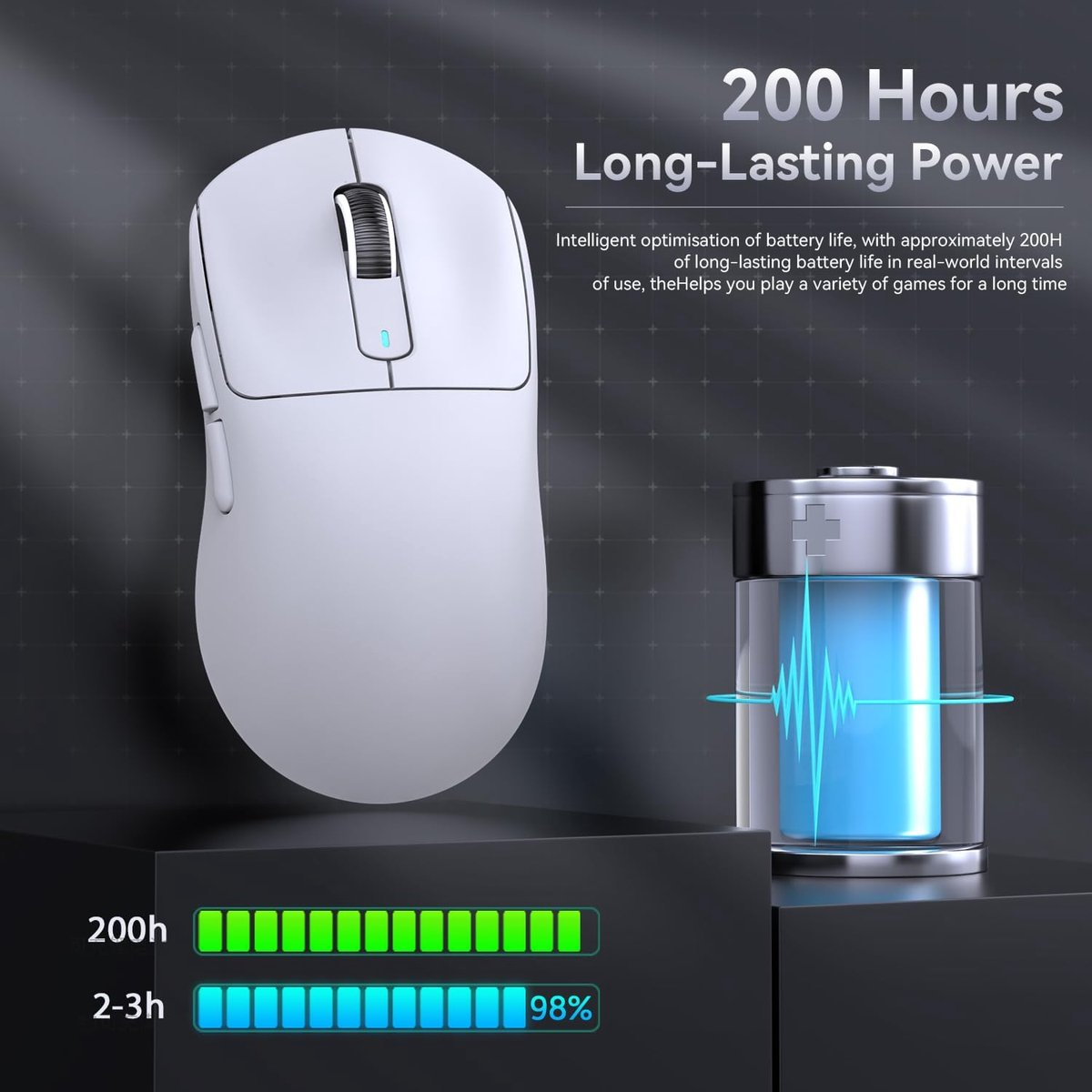 A white mouse, a battery indicator, and charge bars for 200h and 2-3h.