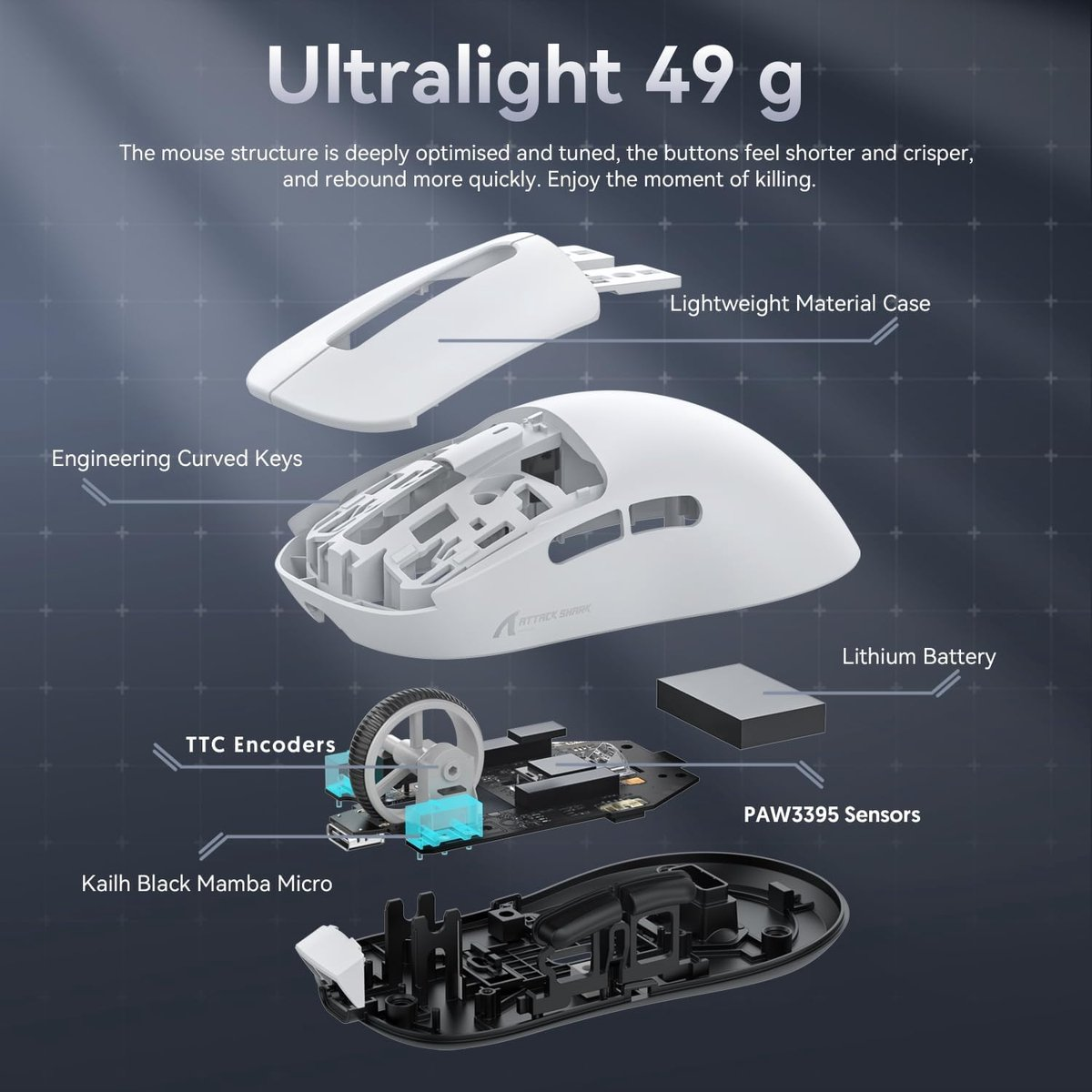 Exploded view of an ultralight 49g mouse showing components like case, battery, and sensors.