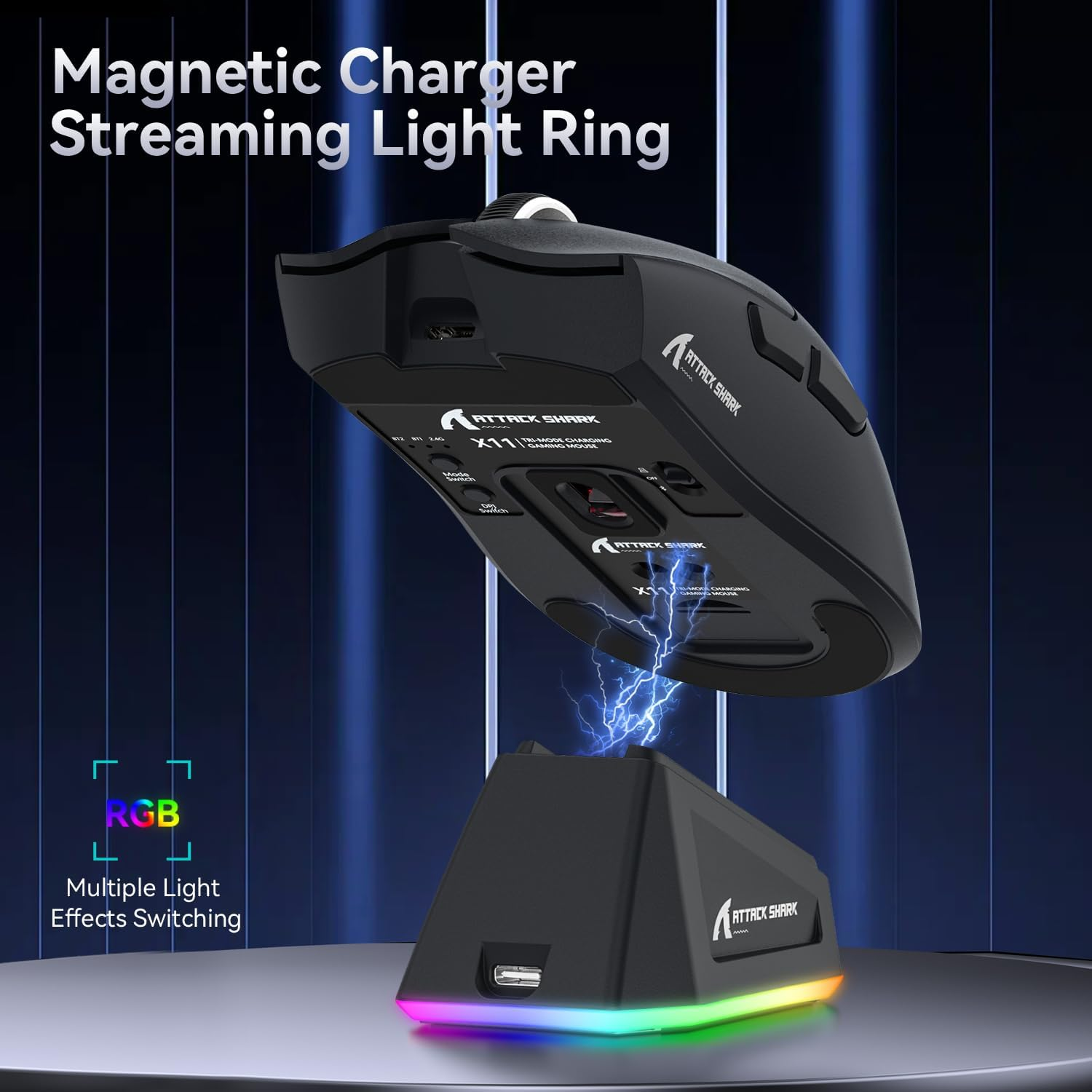 Zwarte gamingmuis met RGB-oplaadstation, magnetisch verbonden, met elektrische ontlading.
