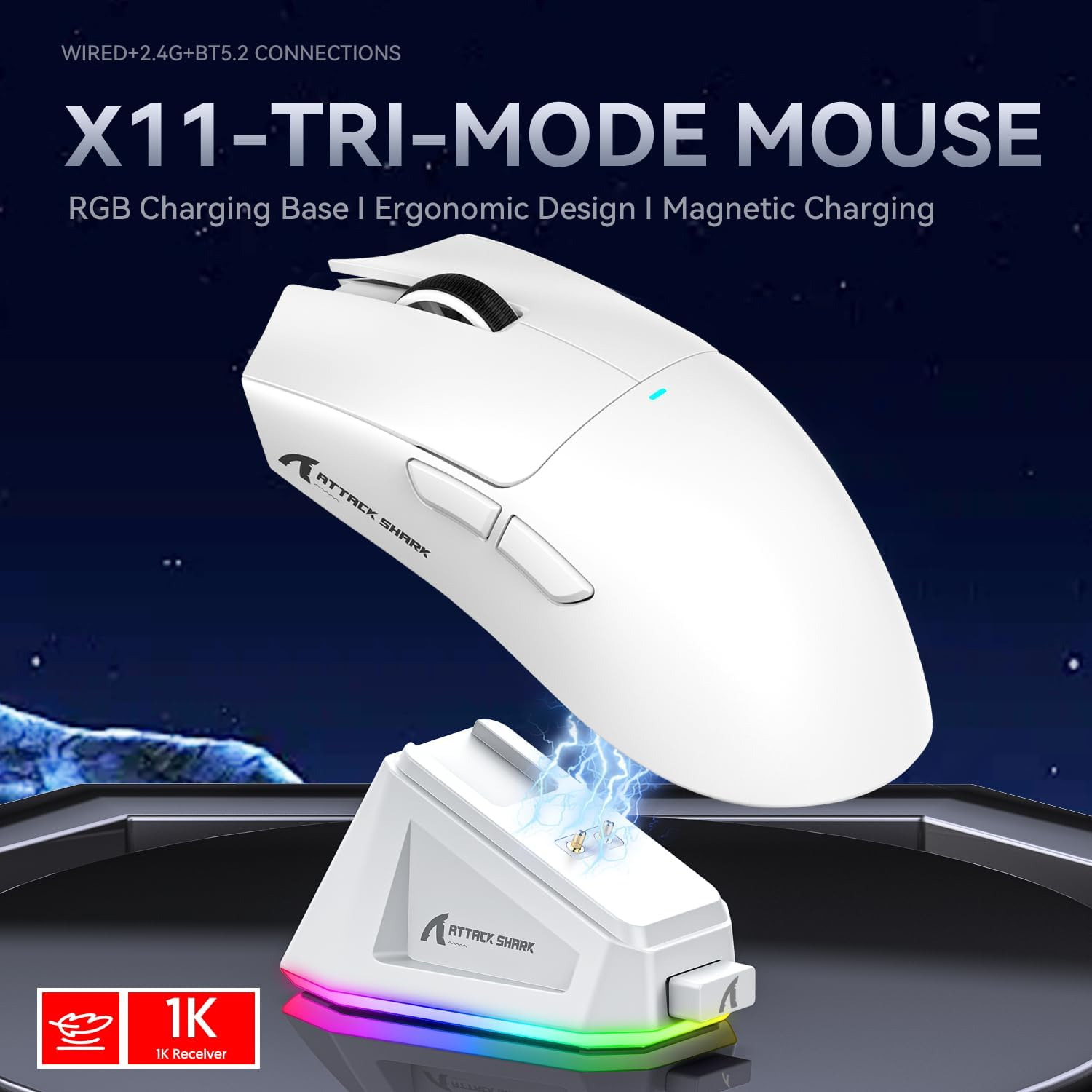 Witte muis met RGB-laadstation, magnetisch opladen. Blauwe indicator.