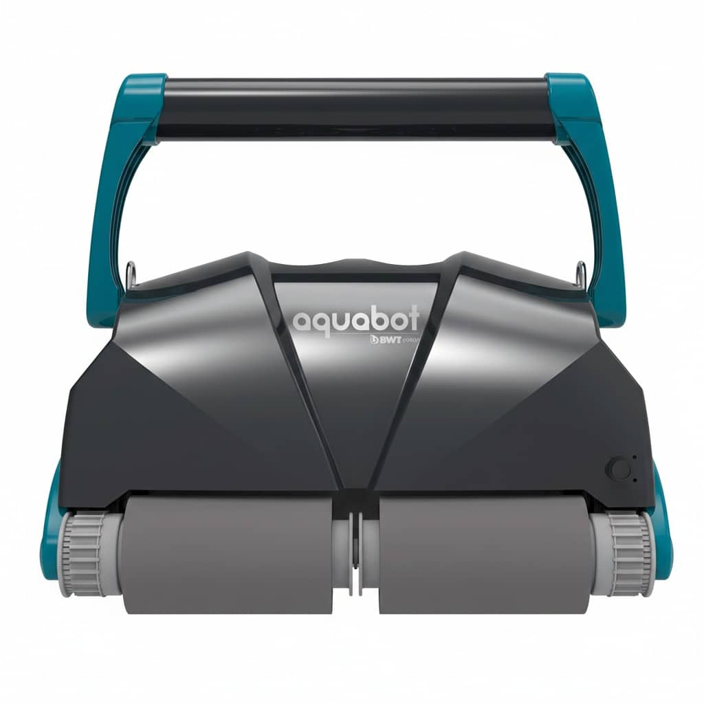 Un robot pulitore per piscine con manico nero e supporti verde acqua.