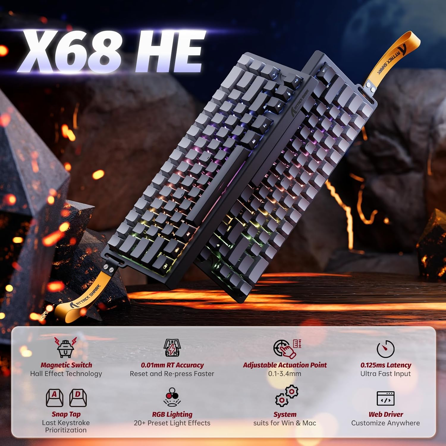 X68 HE keyboard with RGB lighting, magnetic switches, and low latency.
