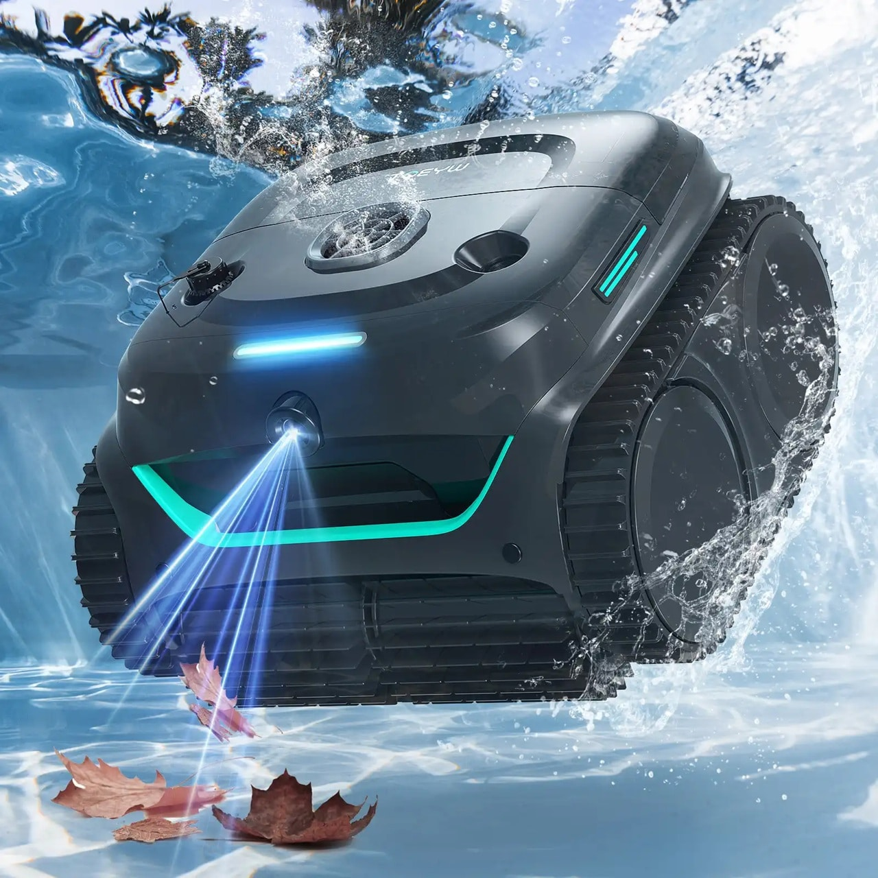 Un robot per piscina nero con luci blu e cingoli si muove sott'acqua.