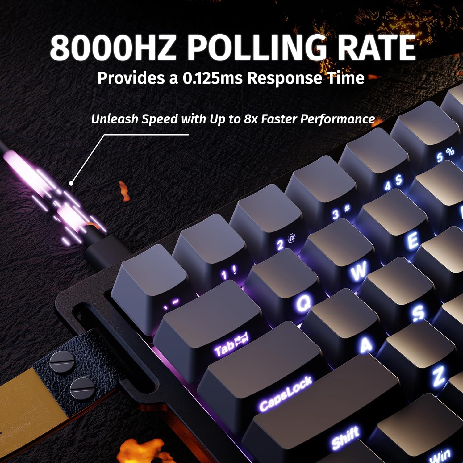Close-up of a gaming keyboard with purple backlighting, text reads 8000Hz.