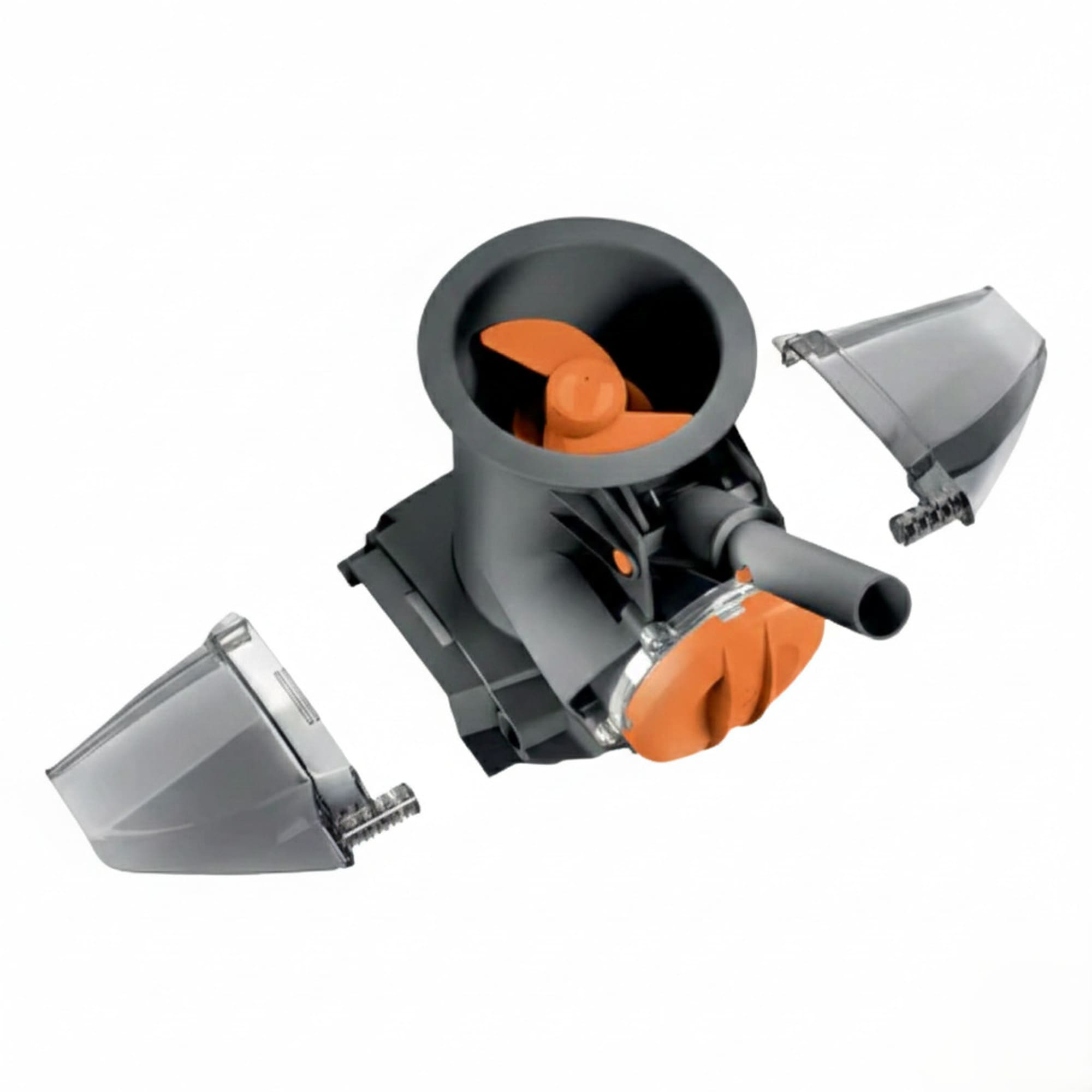 Bomba gris con hélice naranja, desmontada en tres partes.