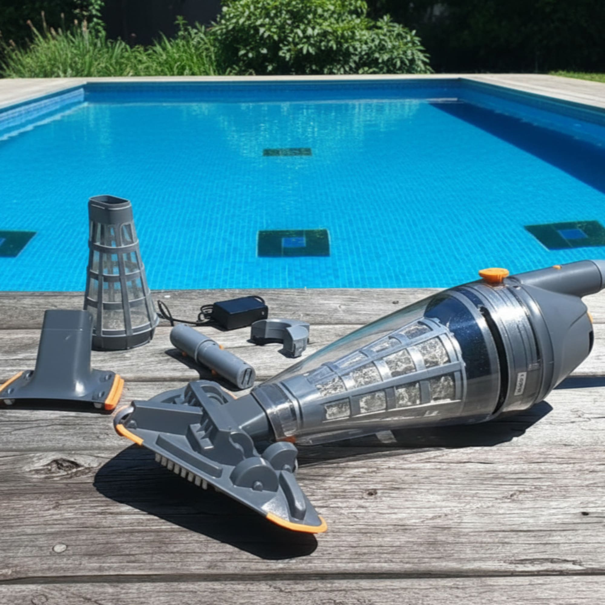 Un set de aspiradora de piscina descansa sobre madera frente a una piscina azul.
