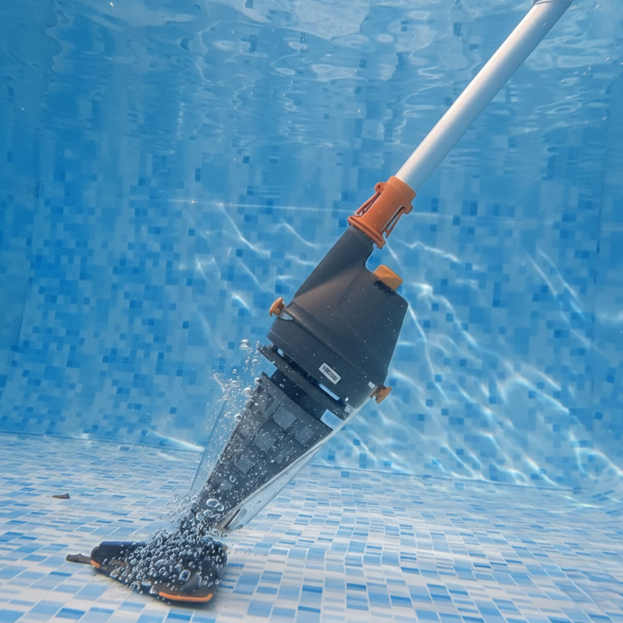 Un aspirador de piscina submarino limpia el fondo de la piscina alicatada.