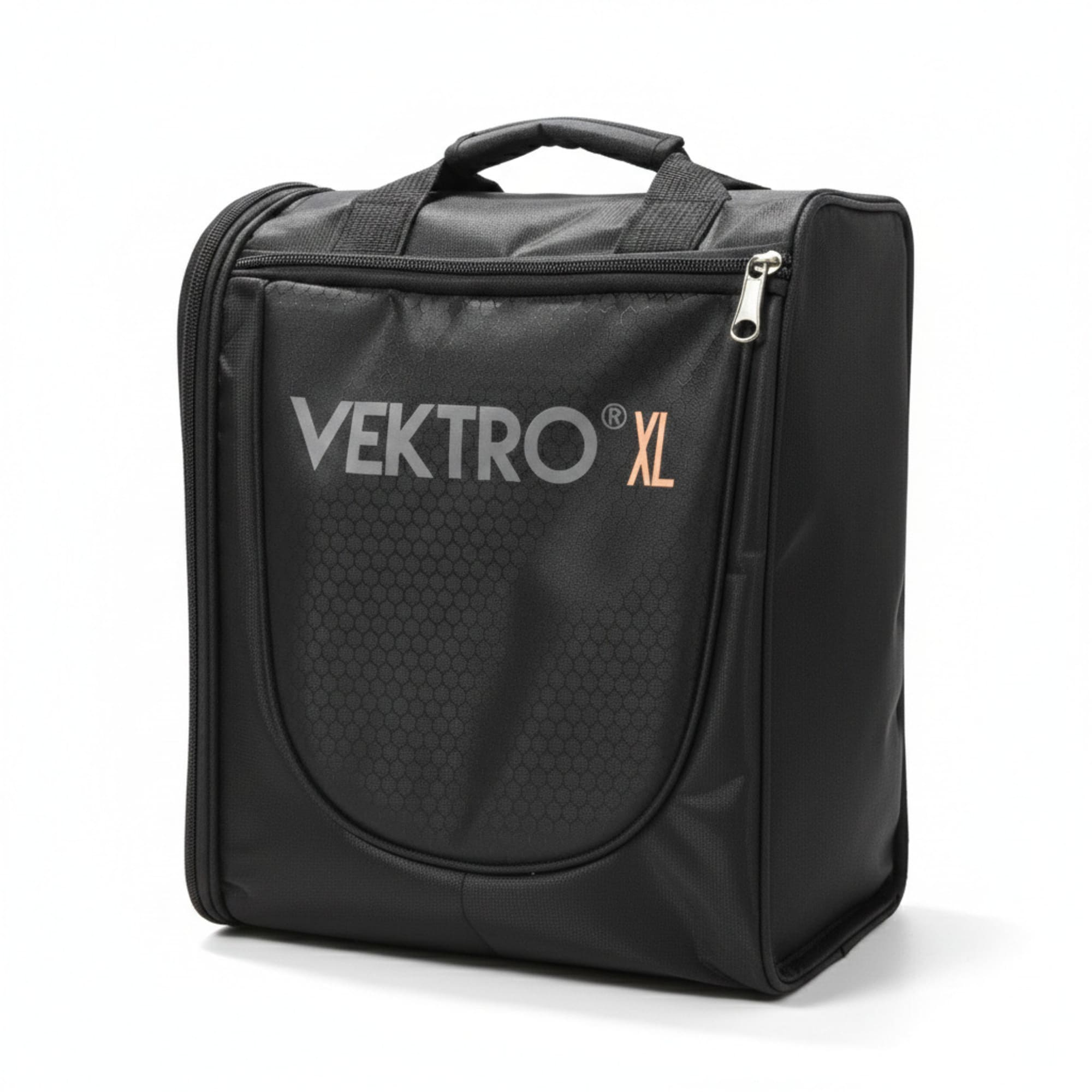 Bolso negro con logo "VEKTRO XL" y cremallera. Fondo blanco.