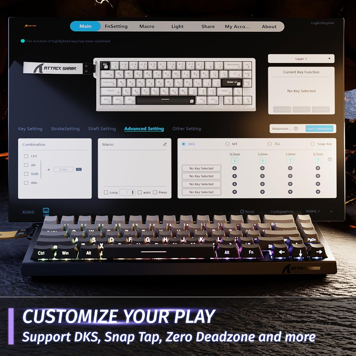 A keyboard with RGB lighting and a software interface for customization.