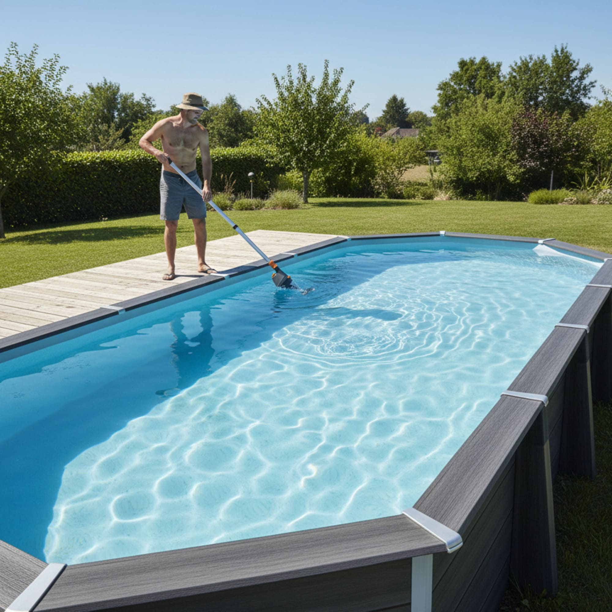Un hombre con sombrero limpia una piscina con una red en un día soleado.