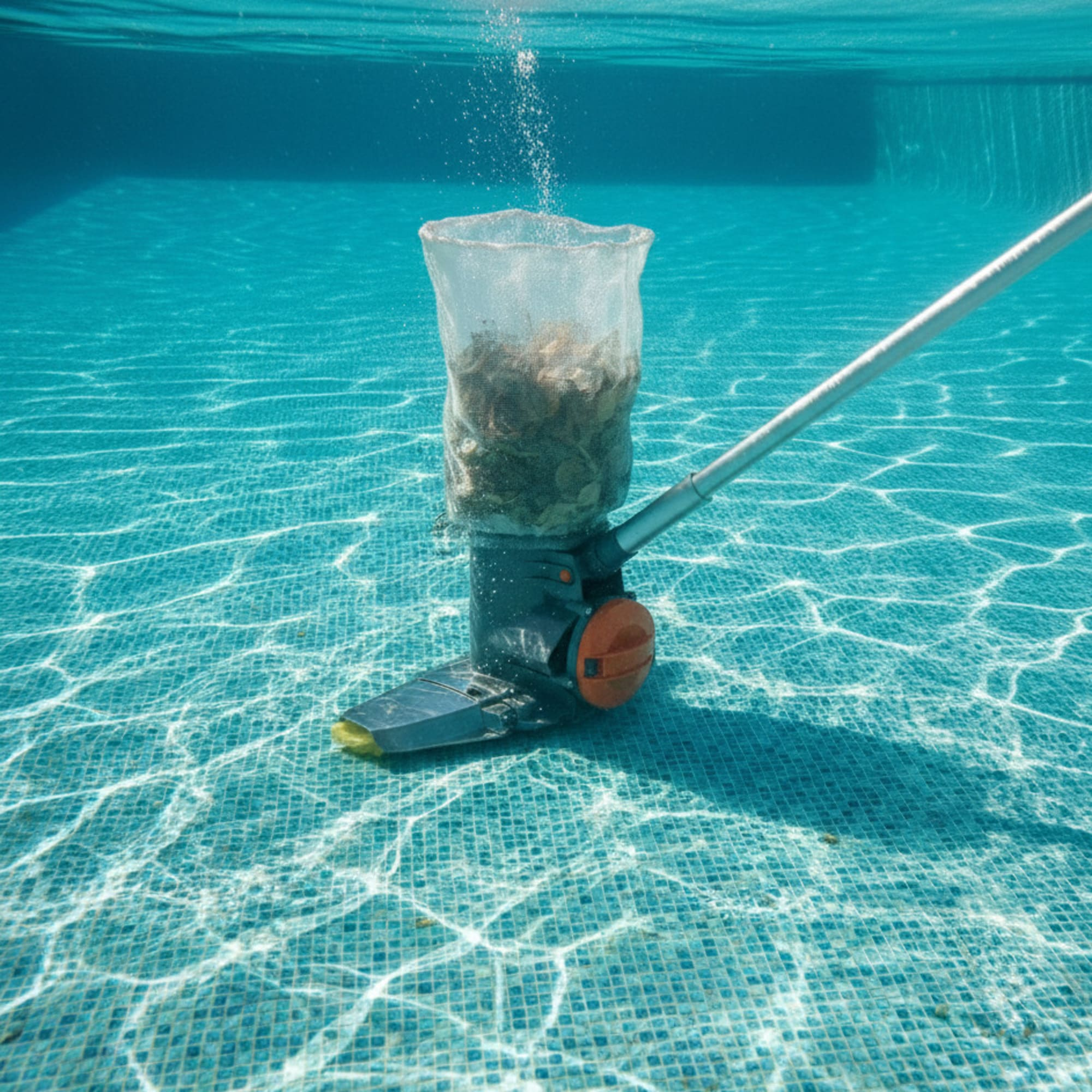 Un limpiador de piscinas submarino recoge hojas en una bolsa de malla.