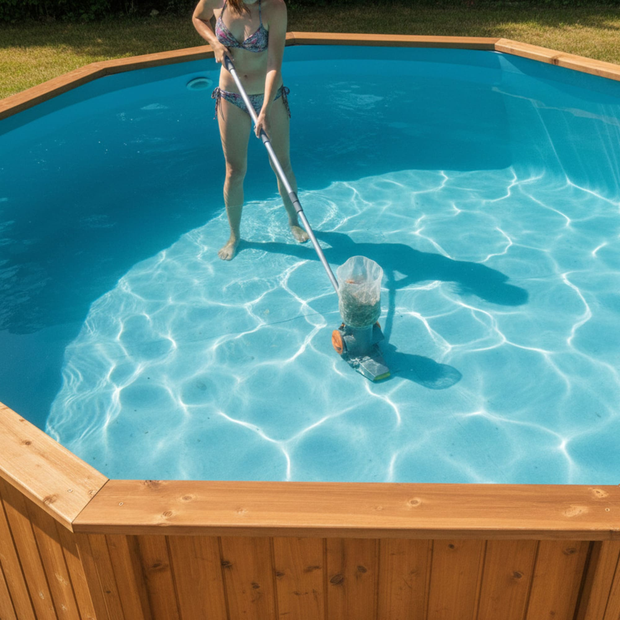Una mujer en bikini limpia una piscina con un aspirador.