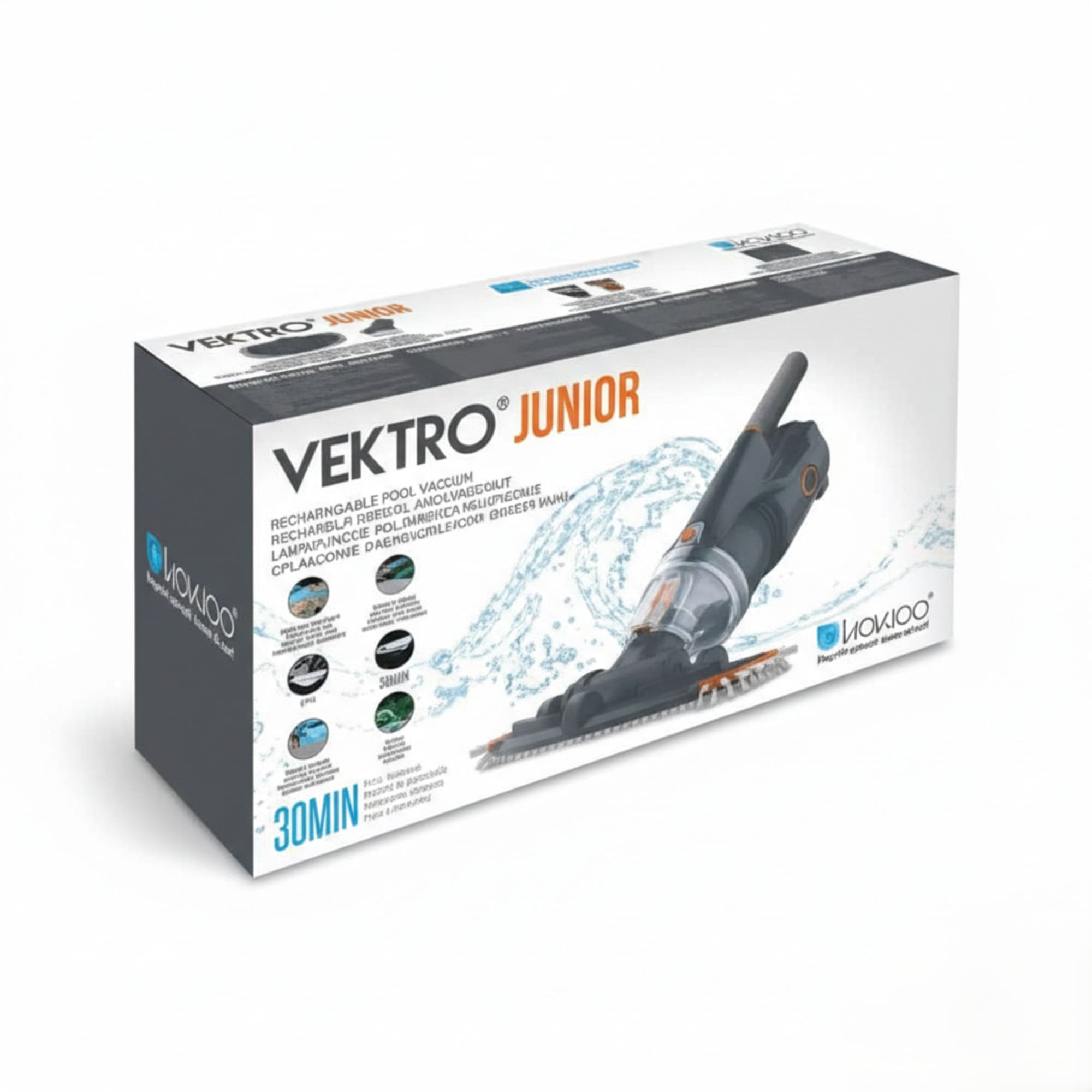 Caja del aspirador de piscina Vektro Junior con imagen del producto.