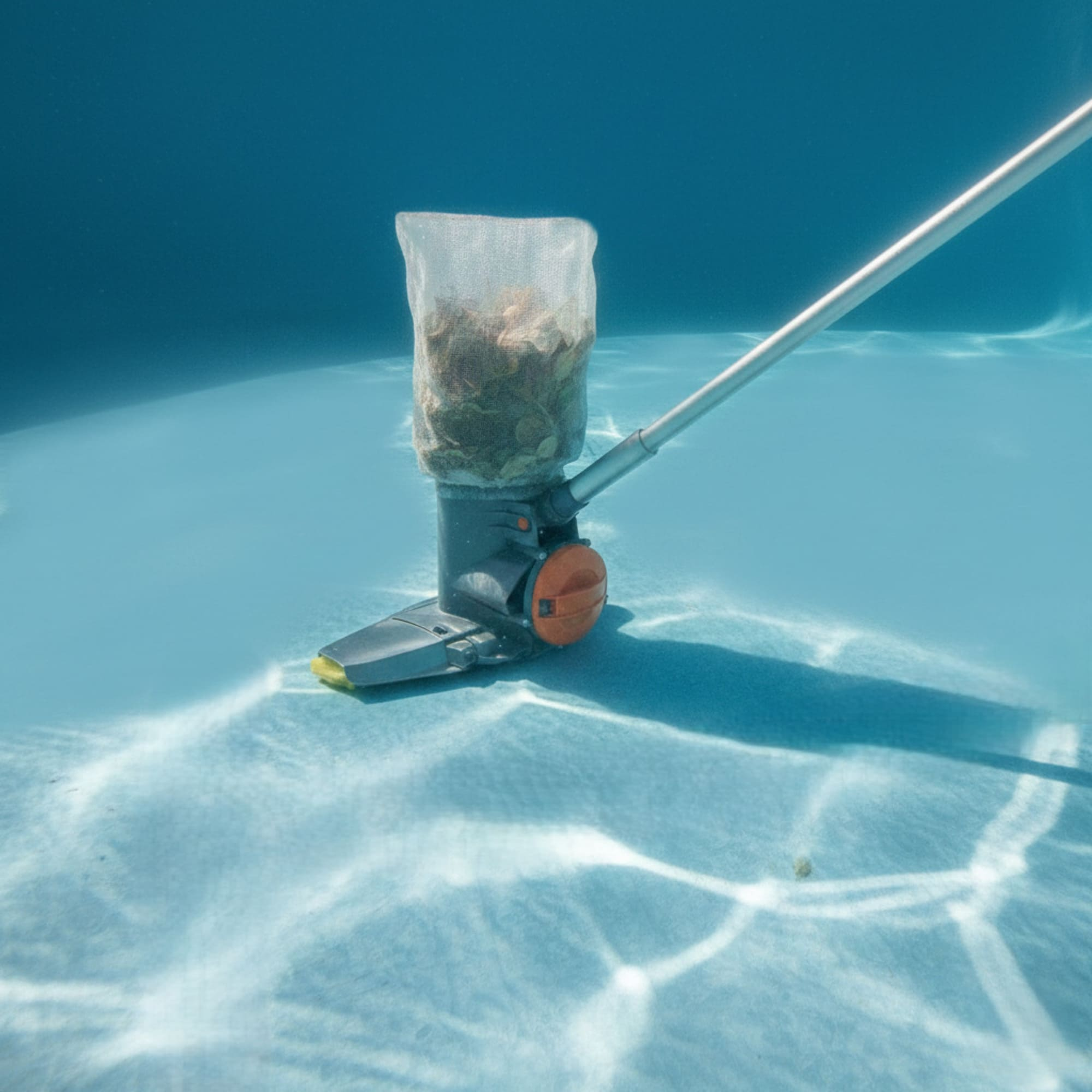 Un aspirador de piscina submarino recogiendo hojas.