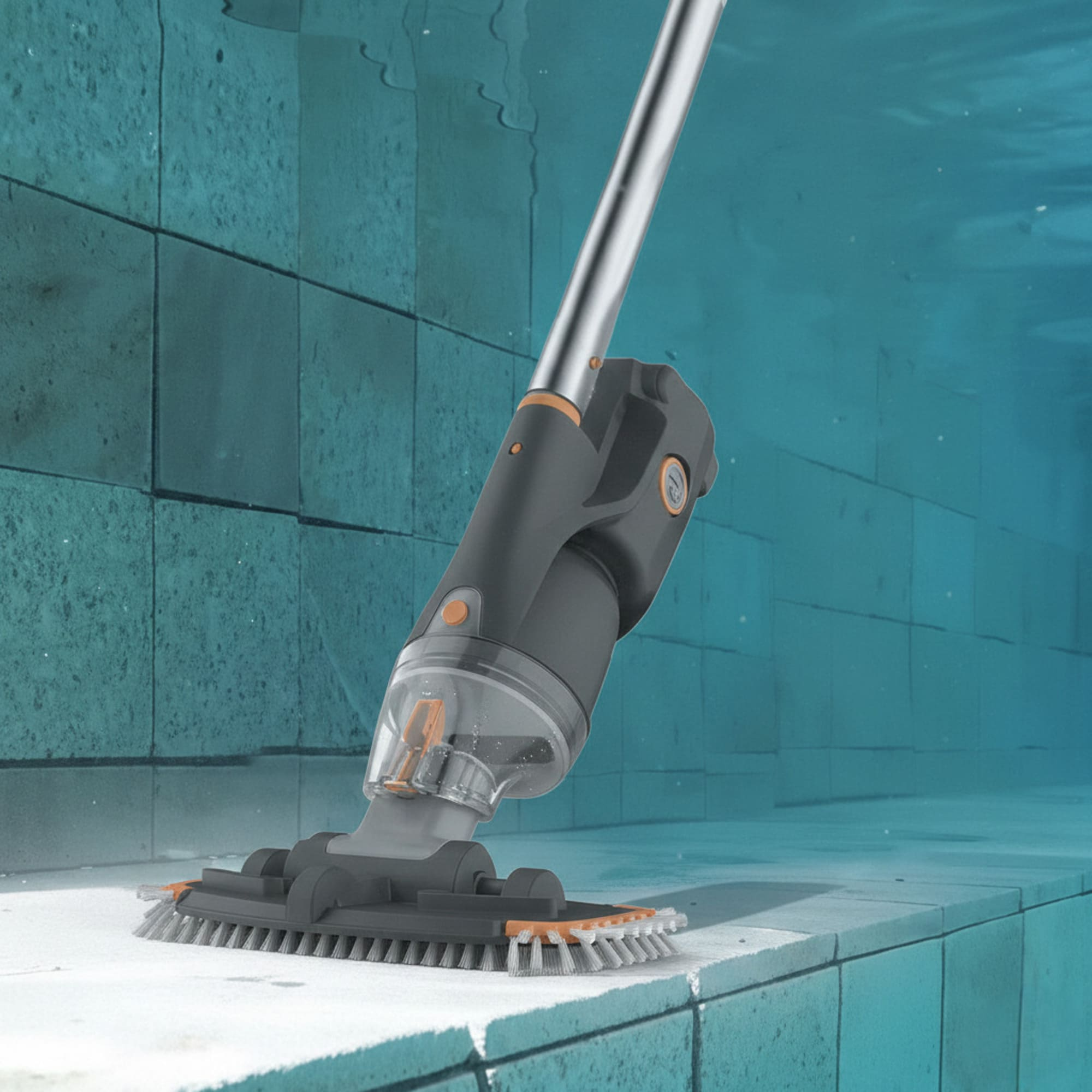 Un limpiador de piscina submarino con cepillos y un depósito transparente.