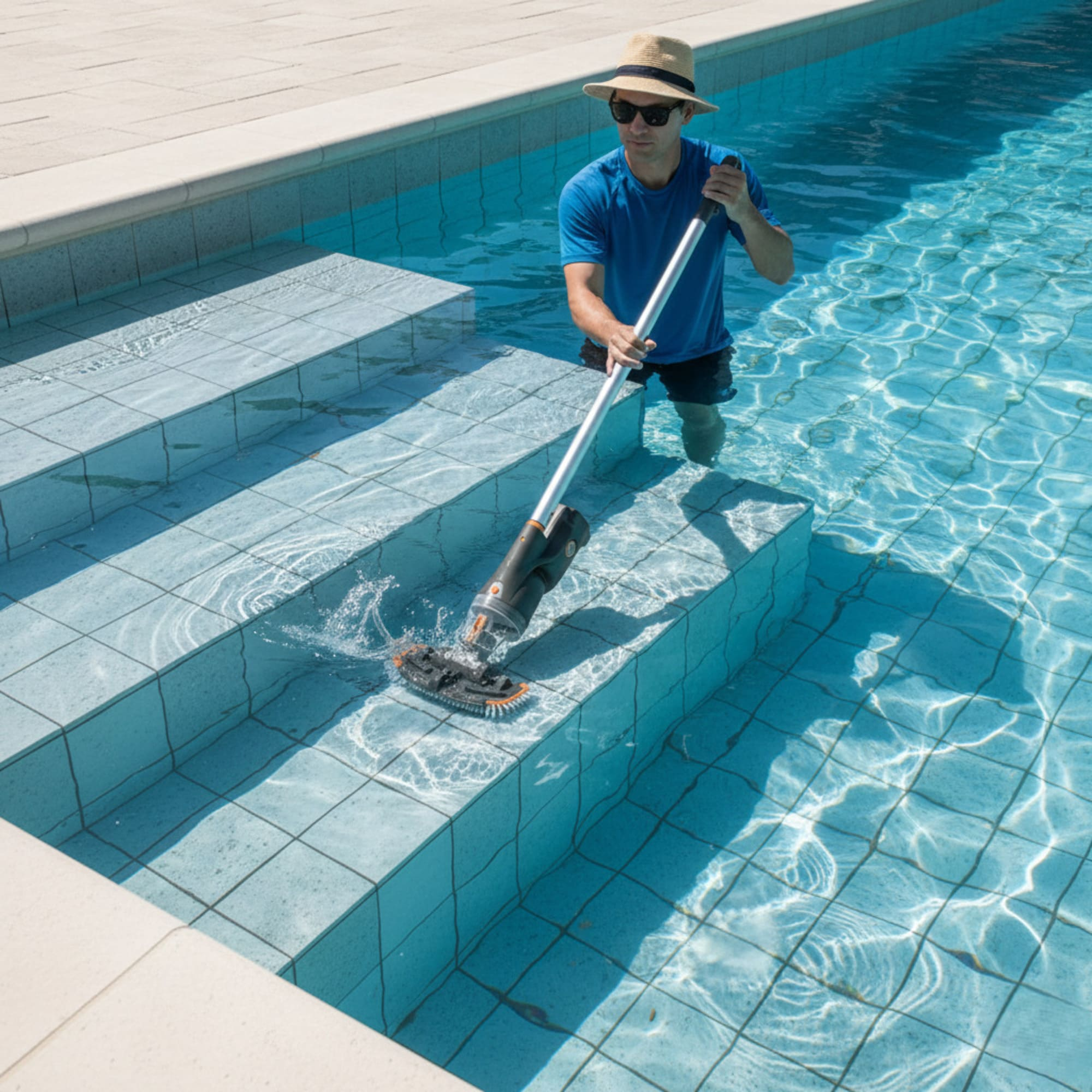 Hombre con sombrero limpia escalones de piscina con aspiradora.