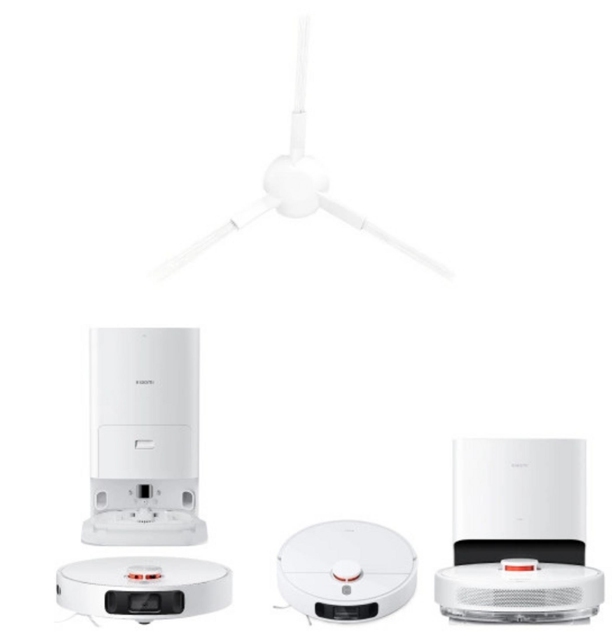 Witte robotstofzuiger met laadstation en losse zijborstel.