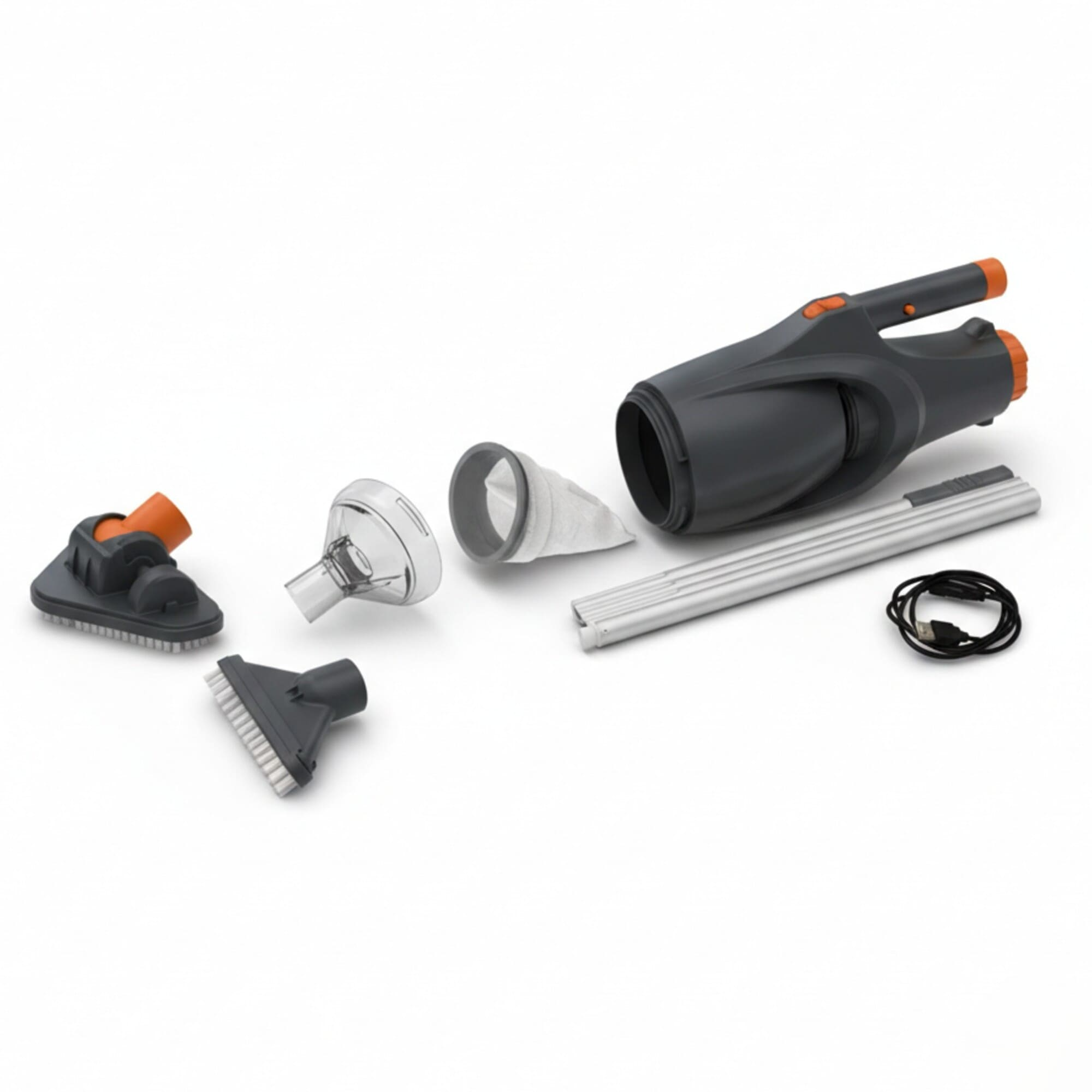 Tres accesorios, cubo, filtro, varilla y cable negro.