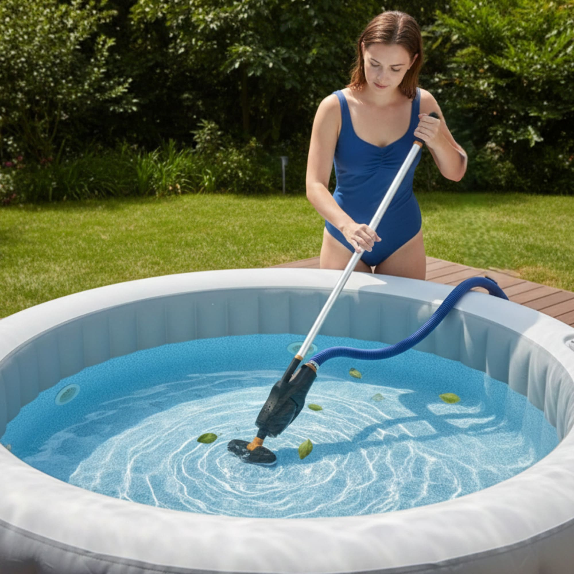 Una mujer limpia un jacuzzi inflable exterior con un limpiafondos.