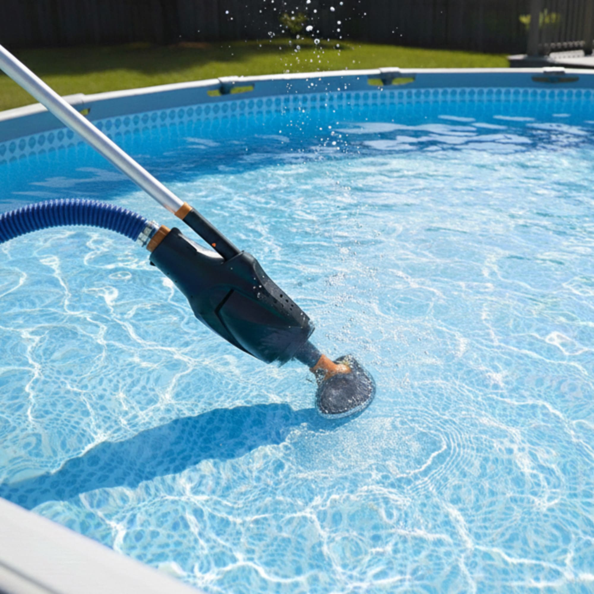 Un limpiador de piscinas aspira agua en una piscina azul. Rayos de sol brillantes.