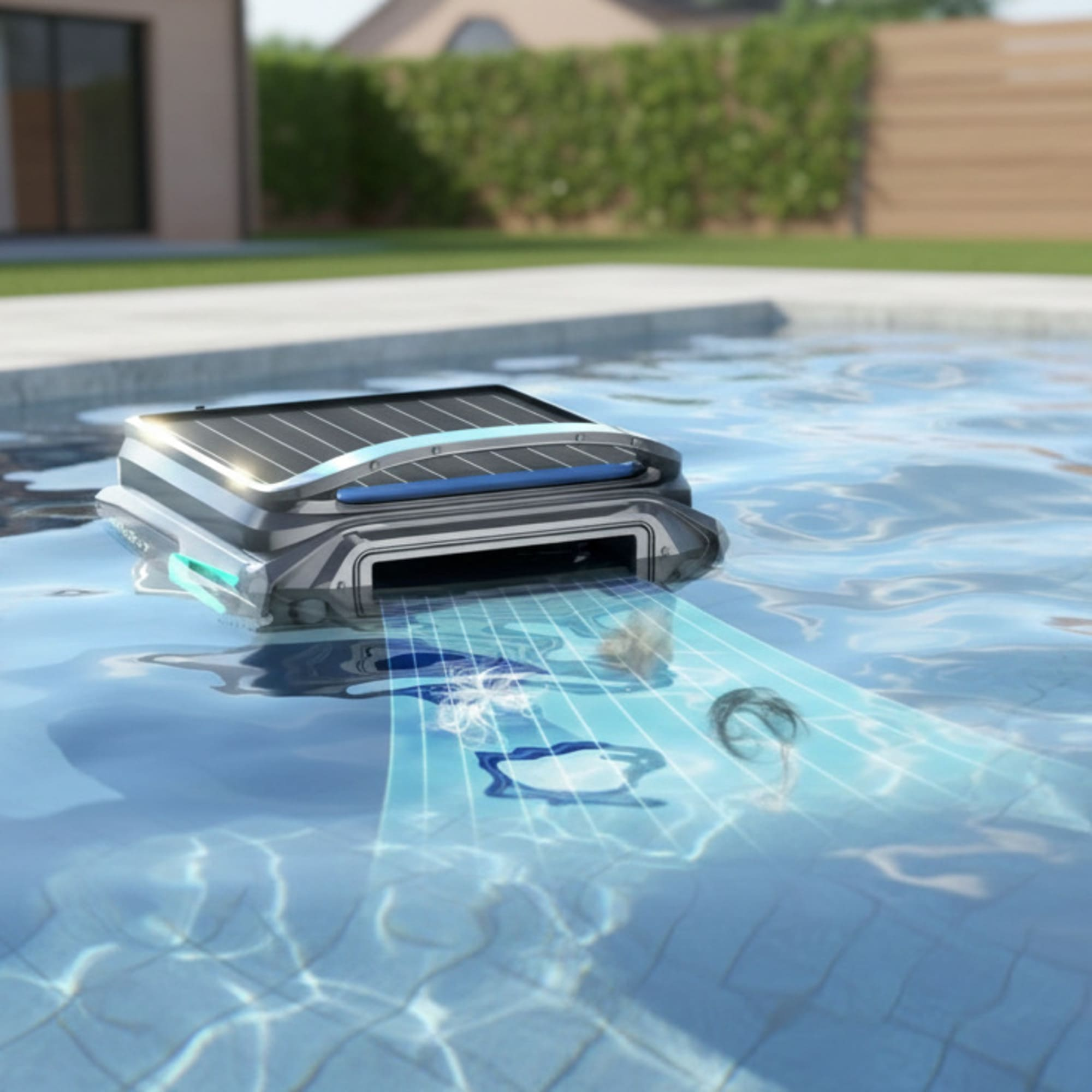 Un pulitore solare per piscine galleggia in una piscina, pulendo l'acqua.