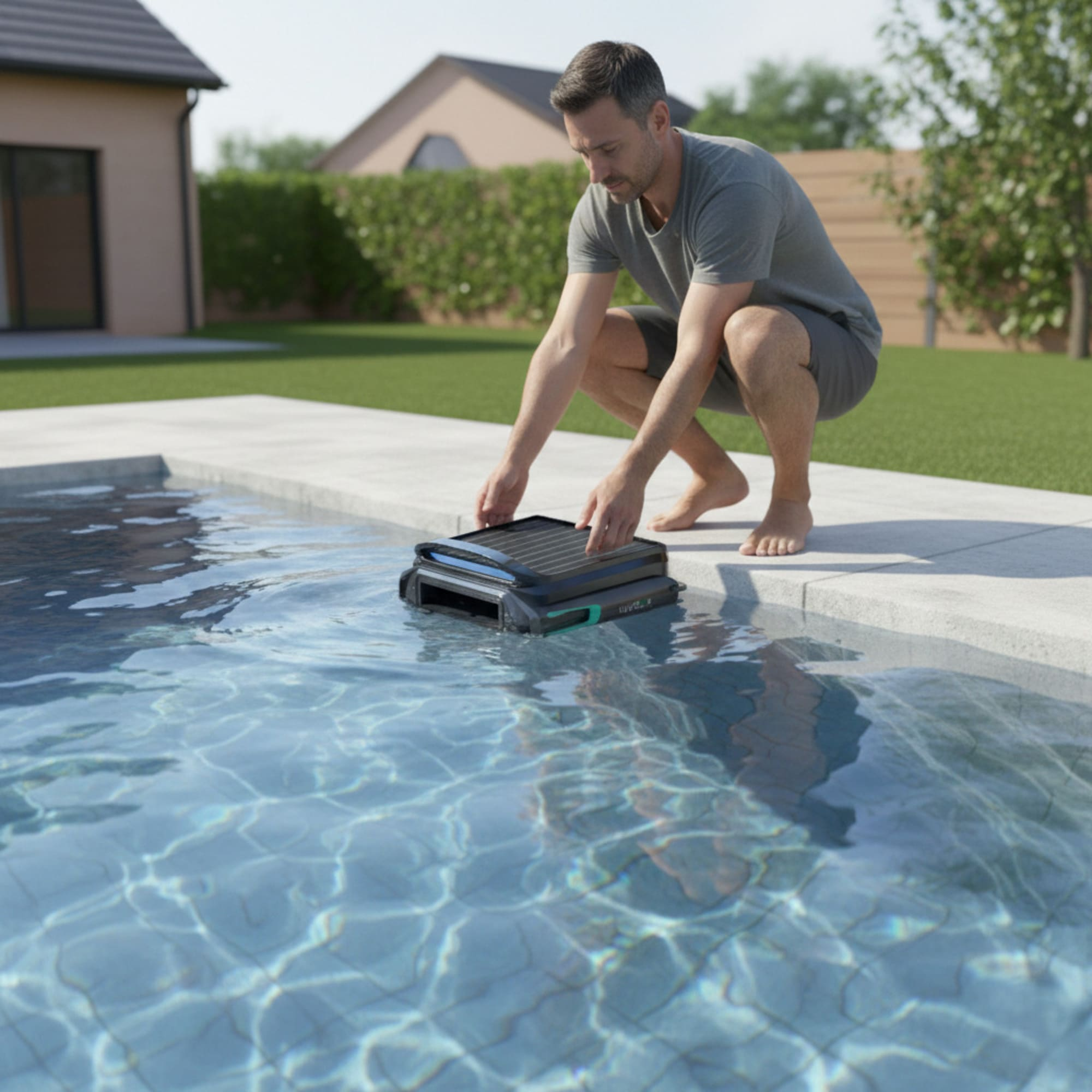 Uomo mette pulitore per piscina in piscina. Casa e giardino sullo sfondo.