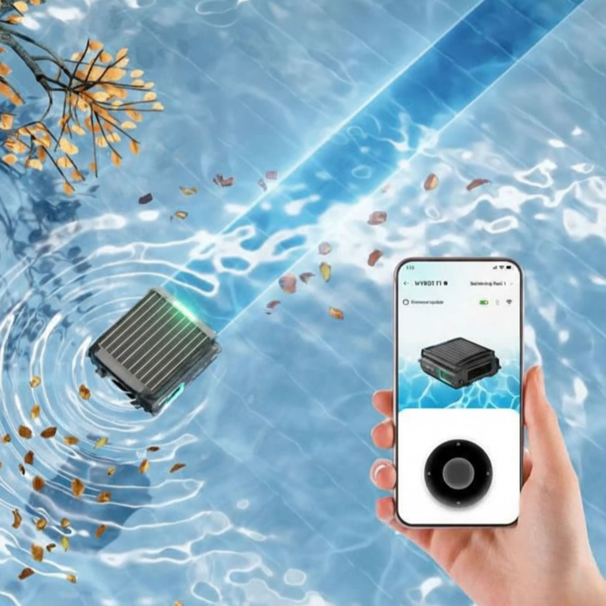 Un robot pulisce la piscina mentre una mano tiene uno smartphone.