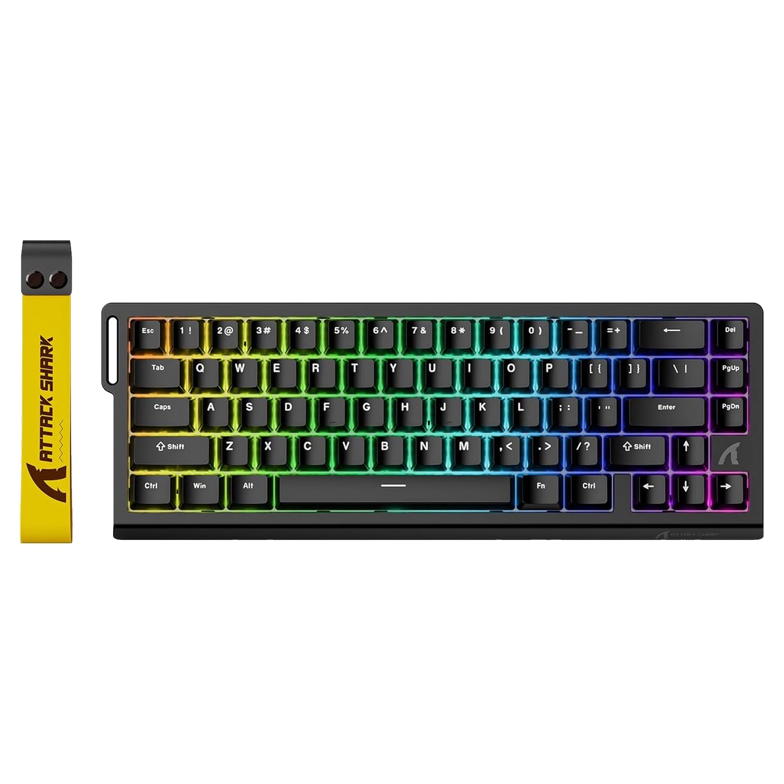 A black gaming keyboard with RGB lighting and a yellow wristband with text.