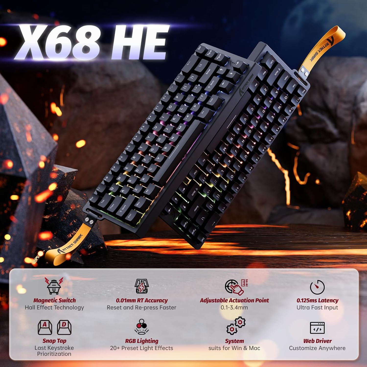 A black keyboard with RGB lighting and an orange wrist strap.