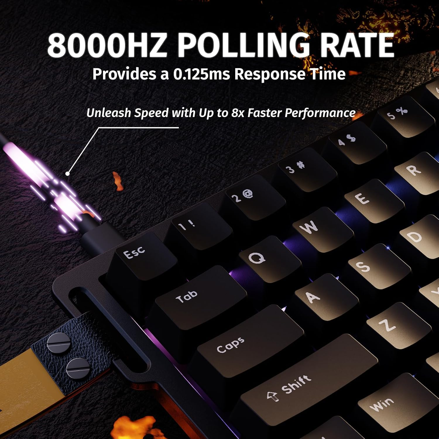 Close-up of a gaming keyboard with illuminated cable and keycaps.